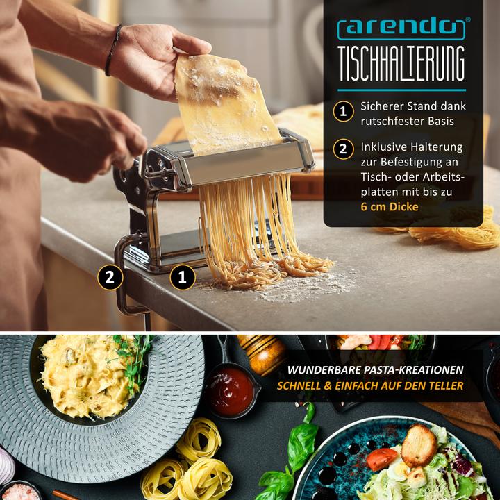 Image du produit Arendo Nudelmaschine, Manueller Pasta Maker, Edelstahl, Nudelpresse, 7 einstellbare Stärken, Duplexvorsatz