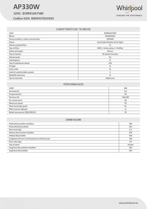 Produktbild Whirlpool AP330W (36 m²)