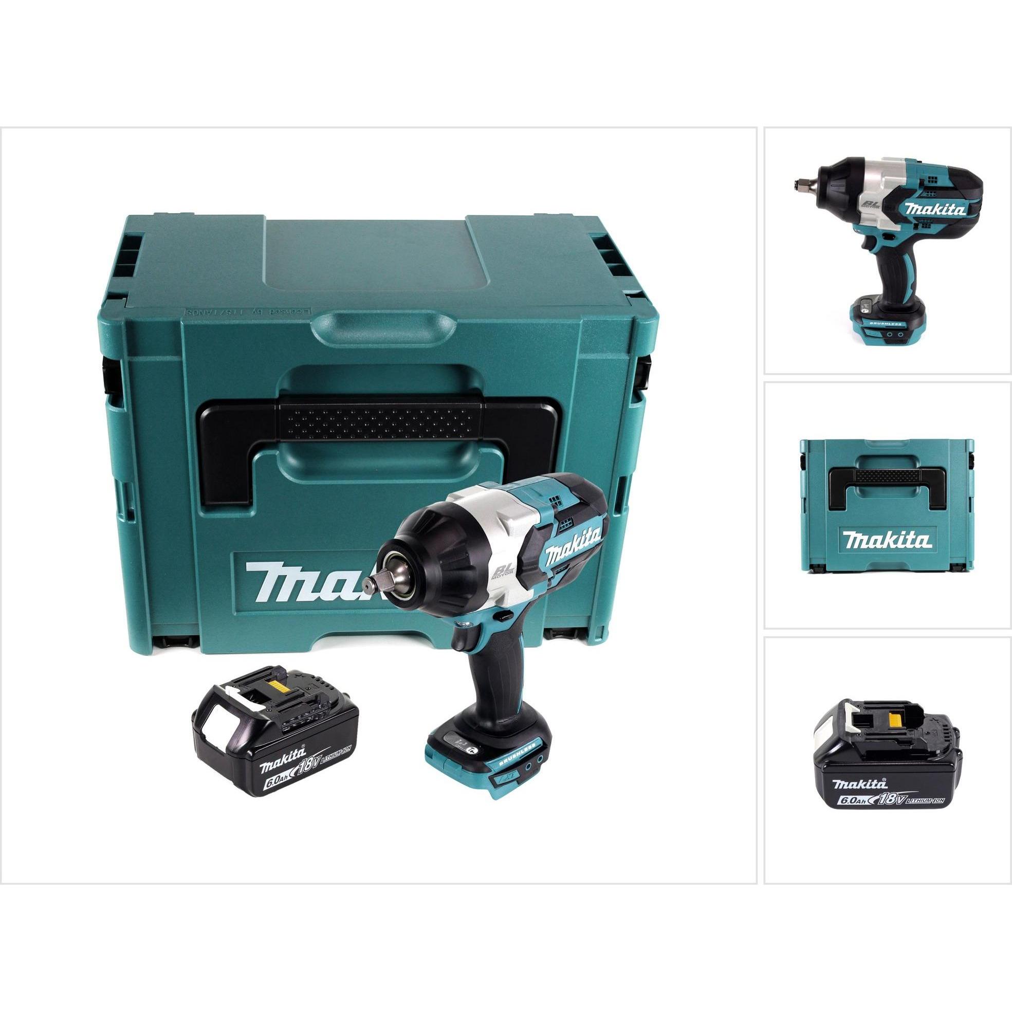 Makita, Bohrmaschine + Akkuschrauber, DTW 1002 G1J Akku Schlagschrauber 18 V 1000 Nm 1/2“ Brushless + 1x Akku 6,0 Ah + M...