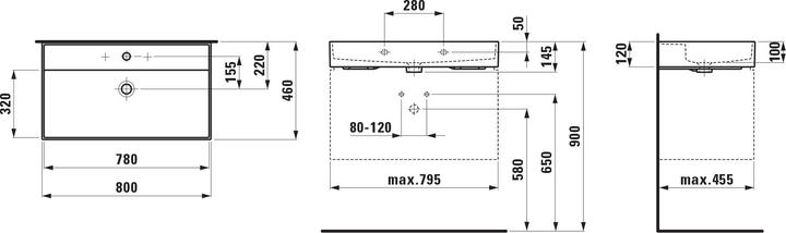 Actual product image Laufen Kartell washbasin undermount, 3 tap holes, with overflow, 800x460mm, H810336 (460 mm, 800 mm)
