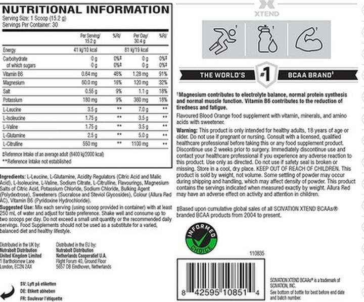 Nährwerte und Zutaten Scivation Xtend BCAAS (1 Stk., Pulver, 456 g)