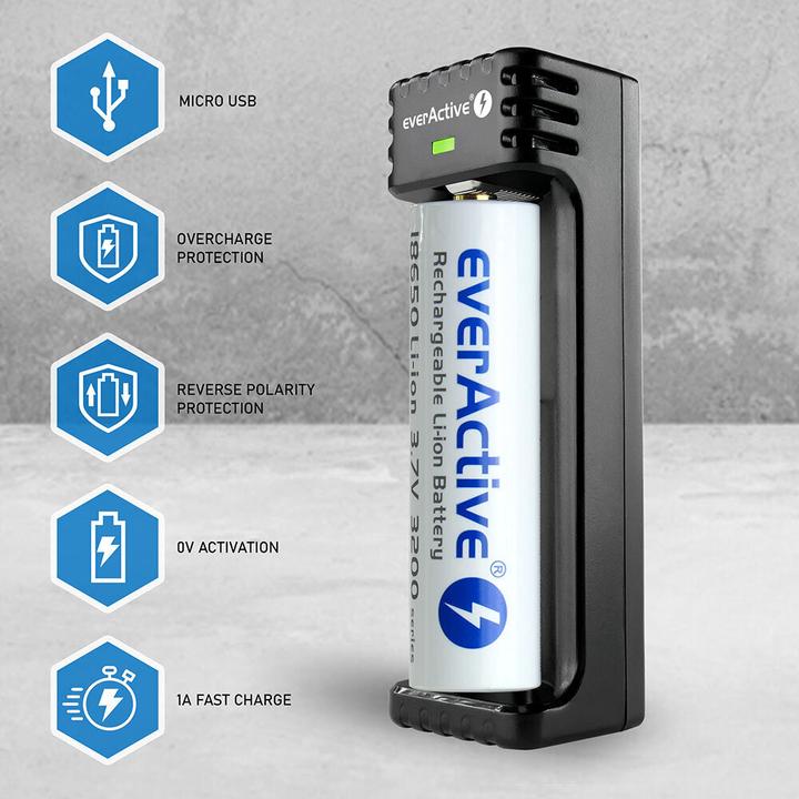 Actual product image Everactive LC-100 (1 pcs., 10440, 14500, 14650, 16340, 17500, 17670, 18350, 18500, 18650, 20700, 21700, 22650, 25500, 26500, 26650, C, D, AAA, AA, AAAA, Chargers without battery)
