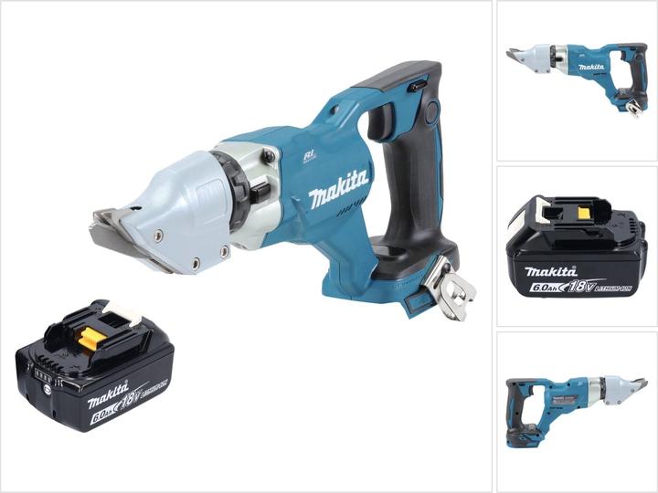 1x Makita DJS 200 Akku Blechschere, 1x Flachrundkopfschraube M4x12 (266622-8), 1x Einhängebügel (346317-0), 1x Makita BL 1860 B 18 V 6,0 Ah Akku, ohne Ladegerät