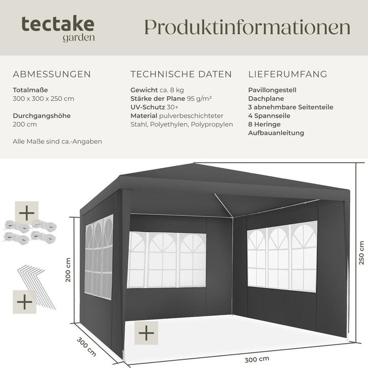 Image du produit tectake Pavillon Barinas mit 3 Seitenteilen, wasserdicht, 3x3m (300 cm, 300 cm)