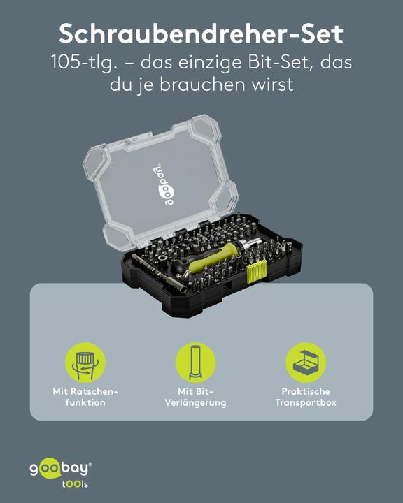 Produktbild Goobay Schraubendreher-Set mit 100-tlg. Bitsatz (Clutch, Tri-Wing)
