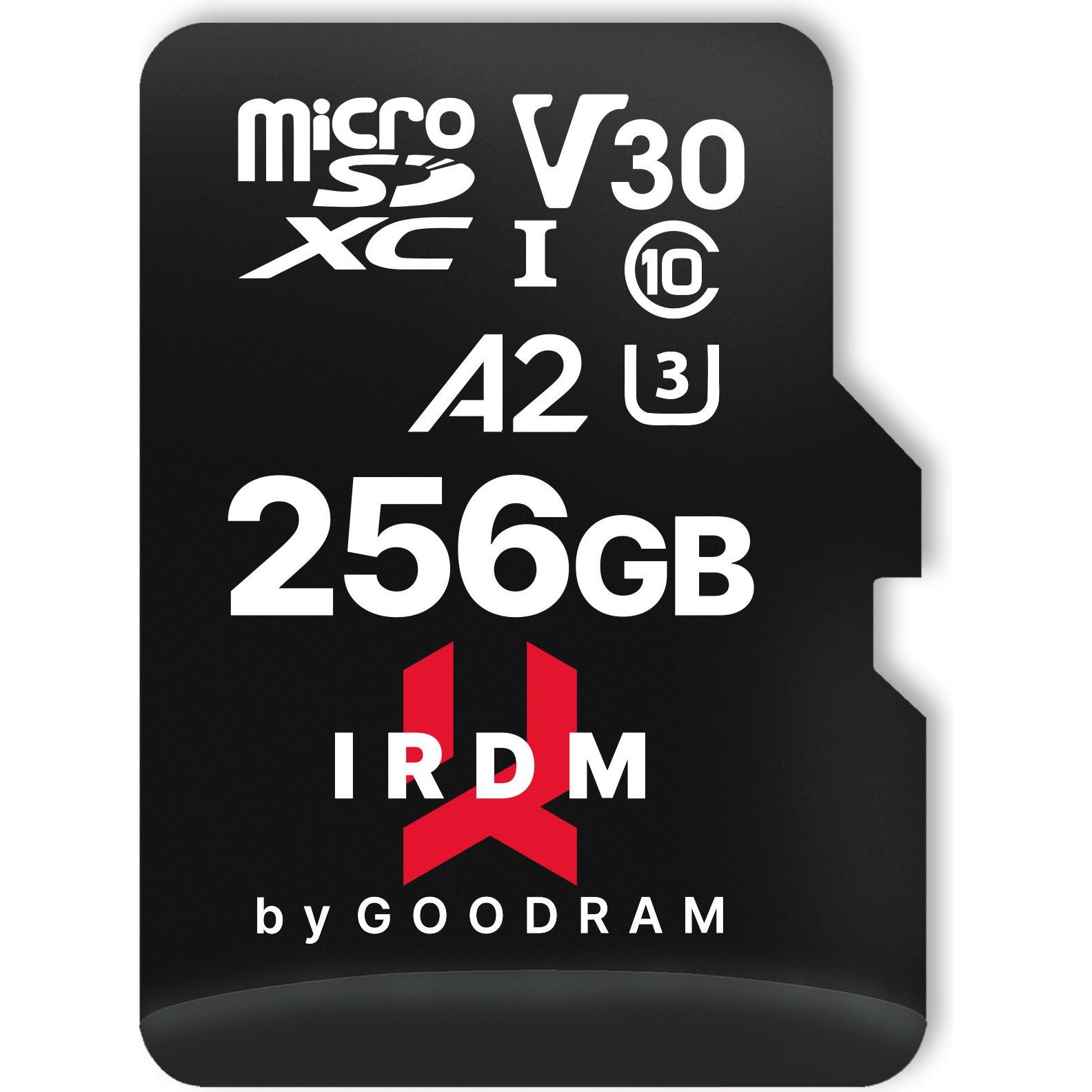 Goodram IRDM microSDXC 256GB V30 UHS-I U3 + adapter (256 GB, microSDXC, U3, UHS-I), Speicherkarte, Schwarz