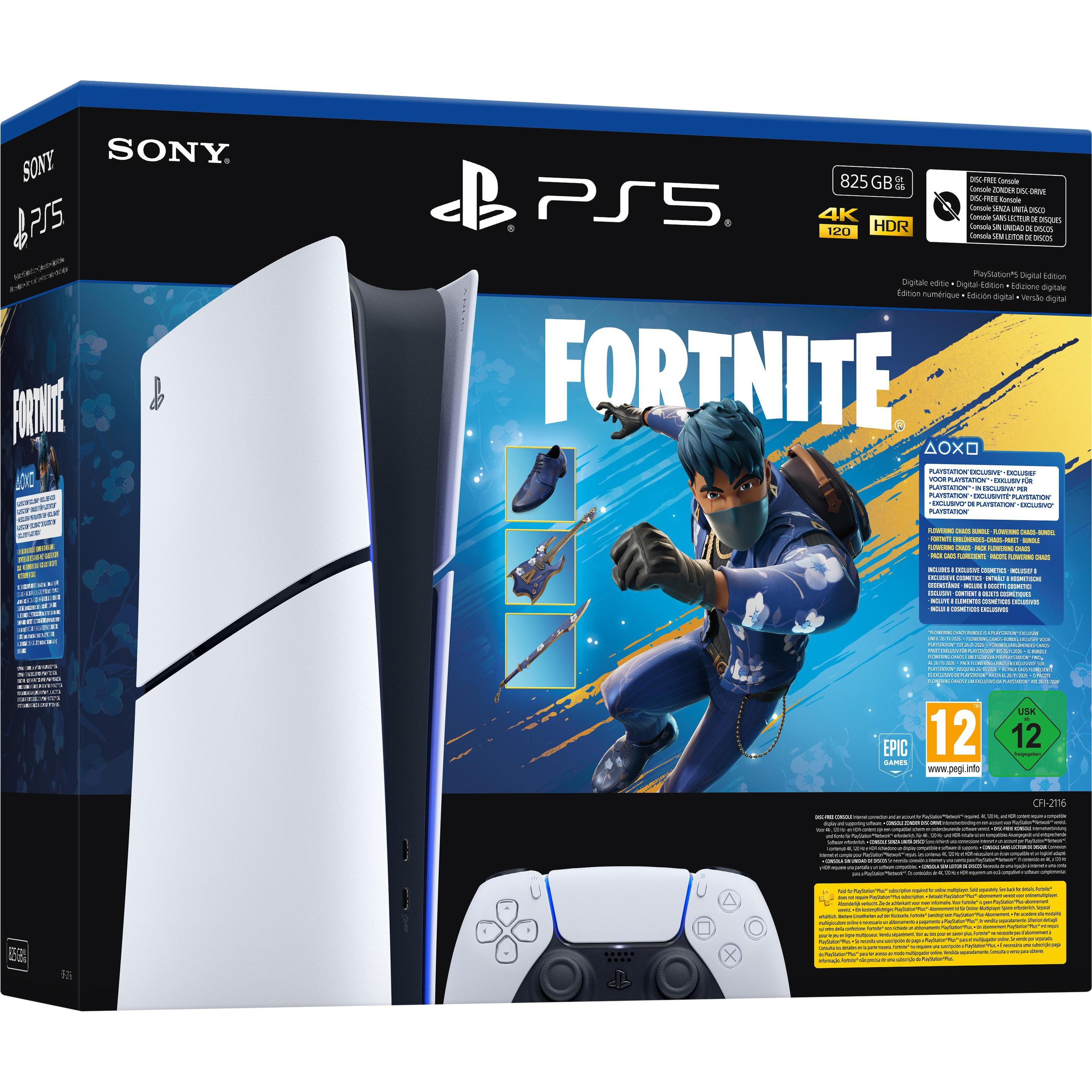 Sony PS5 DIGITAL 825GB + FORTNITE FLOWERING CHAOS (), Spielkonsole, Schwarz, Weiss