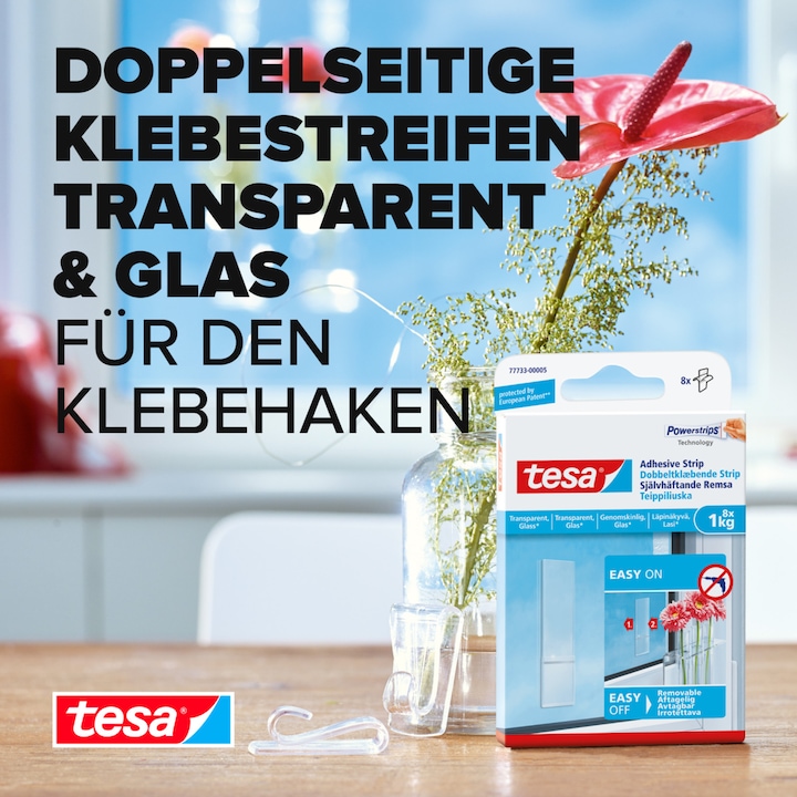 Produktbild tesa Powerstrips für Glas, transparente Klebestreifen
