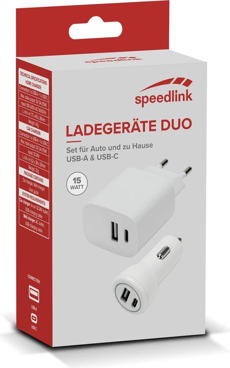 Actual product image Speedlink Wall & Car Charger Set USB-A & USB-C 15W, white (15 W)