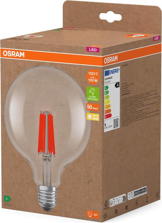 Immagine prodotto Osram LED Classic Globe 125 100 Filament Energy efficiency class A 7.2W 827 Clear E27 (E27, 1521 lm, 6x)