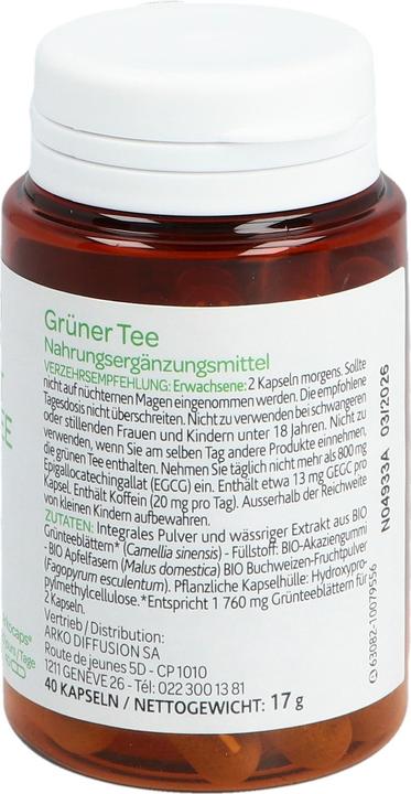 Valeurs nutritives et ingrédients Arkopharma Grüntee (40 pièce(s), Capsules, 40 g)