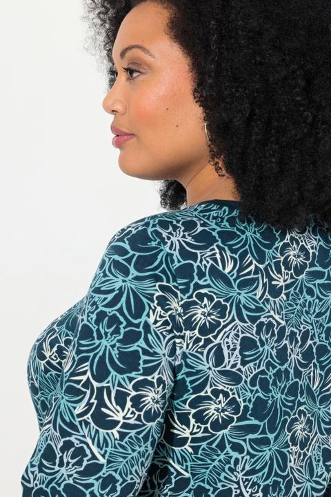 Actual product image Ulla Popken Floral Placement Print Long Sleeve V-Neck Cotton Knit Tunic (50, 52)
