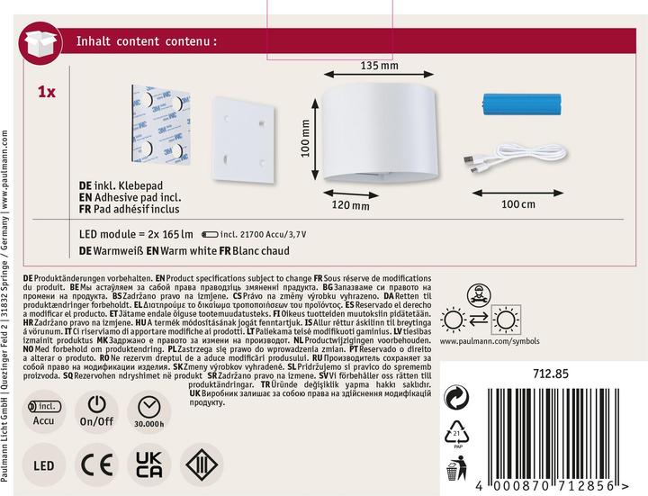Produktbild Paulmann Akkuwandleuchte Nyora (330 lm, IP44)