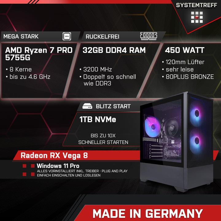 Produktbild SYSTEMTREFF Multimedia PC G244948 (1000 GB, 32 GB, AMD Ryzen 7 PRO 5755GE, Radeon RX Vega 8)