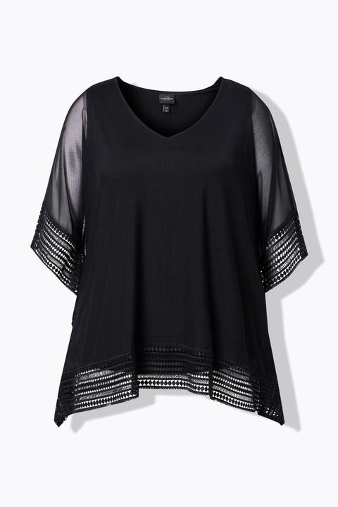 Ulla Popken Mesh-Bluse, Spitzenkanten, Oversized, V-Ausschnitt, 3/4-Arm