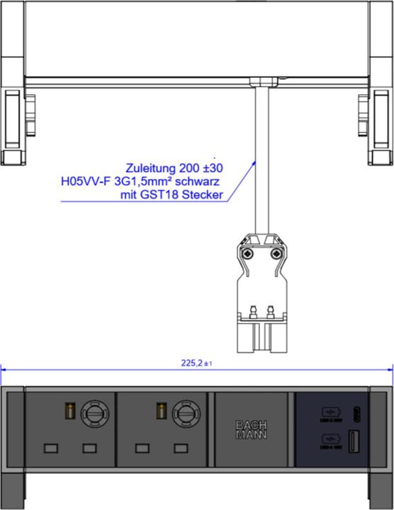 Actual product image Bachmann DESK2 2xUK 1xUSB A/C 22W 0.2m GST18 INOX (2 x, CEE 7/3, BS 1363, 0.20 m)