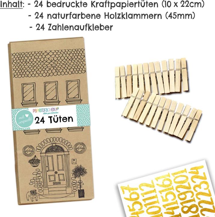 Actual product image Papierdrachen 24 printed advent calendar bags - houses to colour in