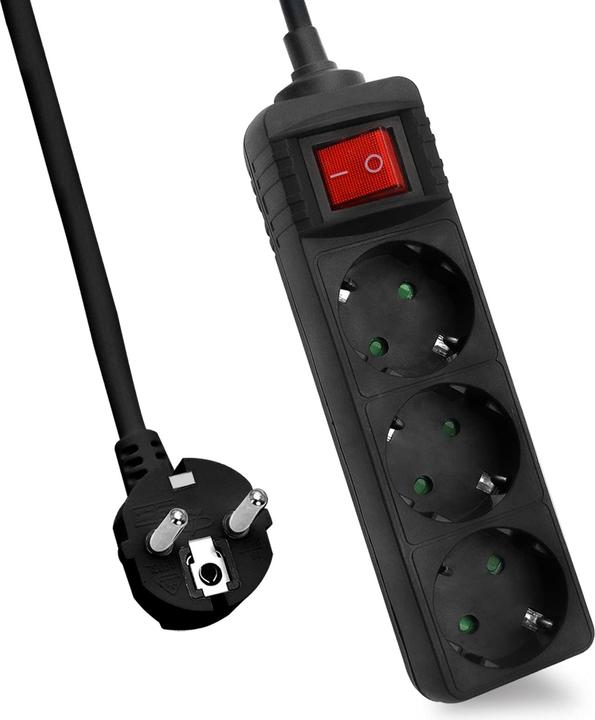 Immagine prodotto Helos Presa CLASSIC, 3 vie, nera, 3,0 m, con interruttore (3 x, CEE 7/3, 3 m)