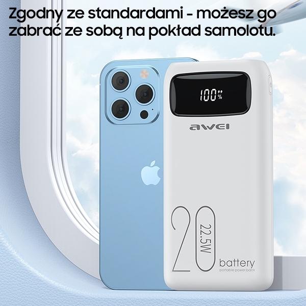 Produktbild Awei PowerBank P169K 20000mAh 22.5W czarny/black wyświetlacz + kable PD/Lightning (20000 mAh, 22 W, 22.50 Wh)