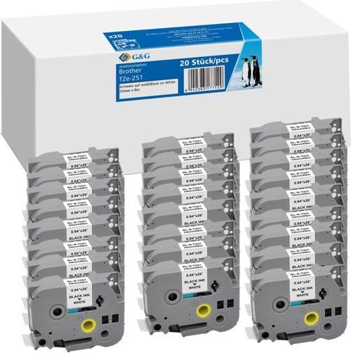 Produktbild G&G 20x Schriftband 24mm x 8m sw ws komp. m. Brother TZe-251 (2.40 cm, Weiss)