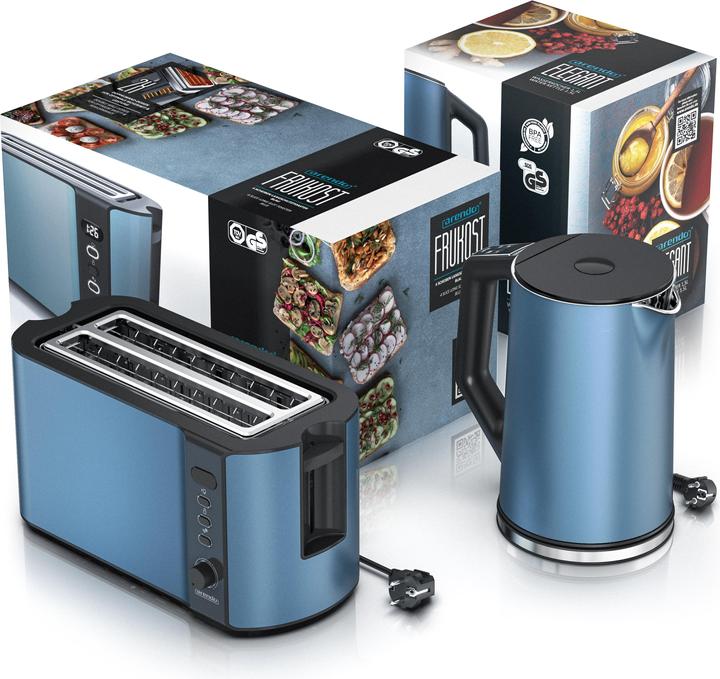 Produktbild Arendo Frühstücks Set Edelstahl Wasserkocher 1,5l Temperaturwahl & 4-Scheiben Langschlitz Toaster Blau Matt (1.50 l)