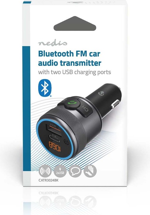 Actual product image Nedis Car Audio FM Transmitter - Fixed - Hands-free - 1" - Amber Screen - Bluetooth - PD 18 W/PD 2
