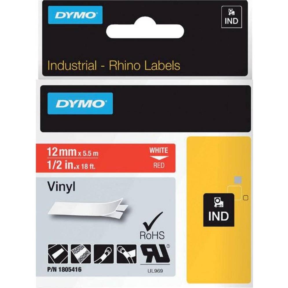 Dymo, Beschriftungsband, Rhino 12mm weiß auf rot Vinyl (1.20 cm, Rot)