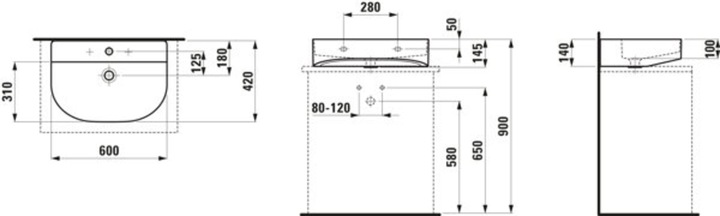 Actual product image Laufen Sonar countertop washbasin, without tap hole, with overflow, 600x420mm, polished, H816342 (385 mm, 600 mm)