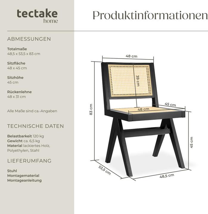 Produktbild tectake Holzstuhl Lissy mit Wiener Geflecht, Belastbarkeit 120 kg
