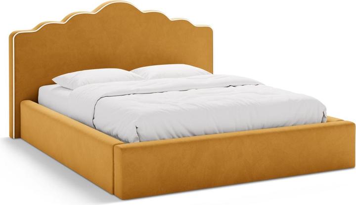 Micadoni Velvet Storage Bed With Headboard, "Dream", Ivory and Mustard, 222x220x122 Made in Europe (180 x 200 cm)