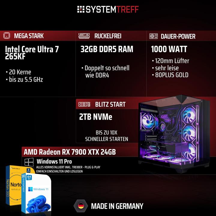 Produktbild SYSTEMTREFF Gaming PC G245152 (2000 GB, 32 GB, Intel Core Ultra 7 265KF, Radeon RX 7900 XTX)