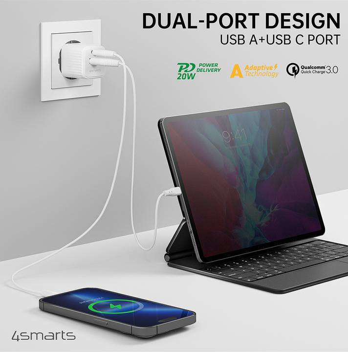 Image du produit 4smarts Chargeur secteur VoltPlug Duos Mini PD 20W et câble USB-C 1,5m blanc (20 W, 2 ports)
