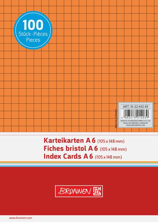 Actual product image Brunnen Index cards A6 chequered orange PU=100 pieces (A6, 180 g/m²)