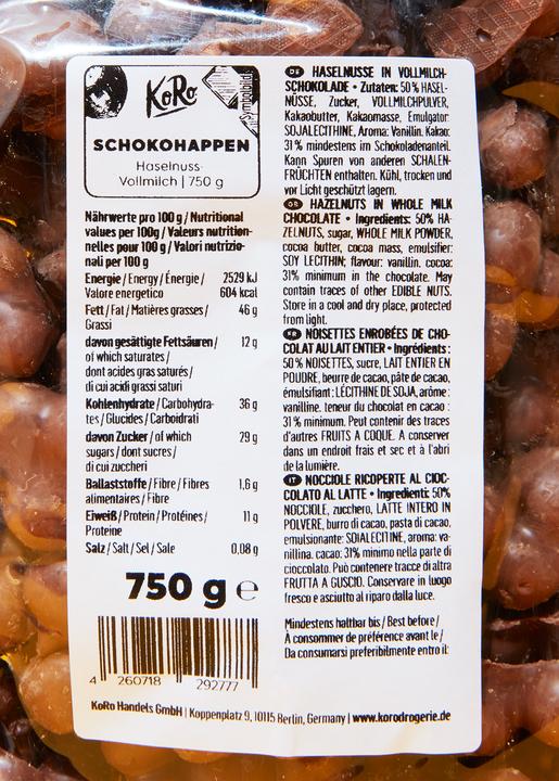 Nährwerte und Zutaten KoRo Haselnüsse in Vollmilchschokolade (750 g)