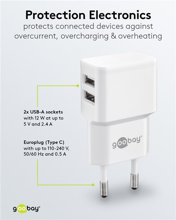 Immagine prodotto Goobay Caricabatterie doppio USB 2,4 A - Alimentatore USB con 2 uscite USB - bianco (12 W)