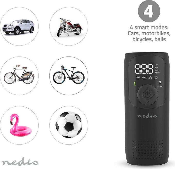 Produktbild Nedis Wiederaufladbarer Luftkompressor - 0.1-150 psi - Dunlop-Ventil - Betriebsarten: Auto/Motorrad/