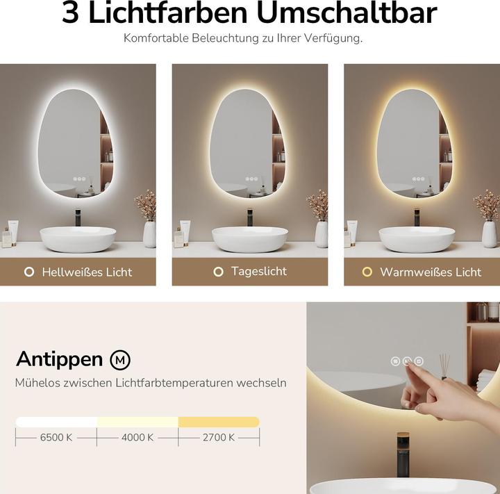 Actual product image Emke Asymmetrischer Badspiegel 65 x 45 cm mit Beleuchtung, dimmbar, 3 Lichtfarben, Touch-Schalter, beschl