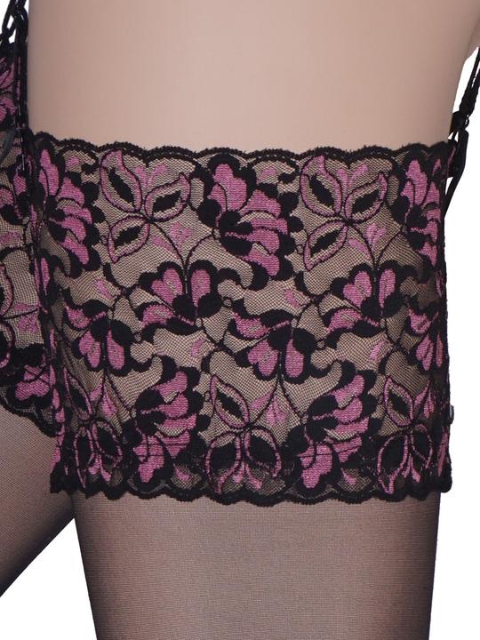 Actual product image Levee Satin Sheers suspender stockings, colour 695 black-pink, size 44-46 (20 DEN, 44 - 46)