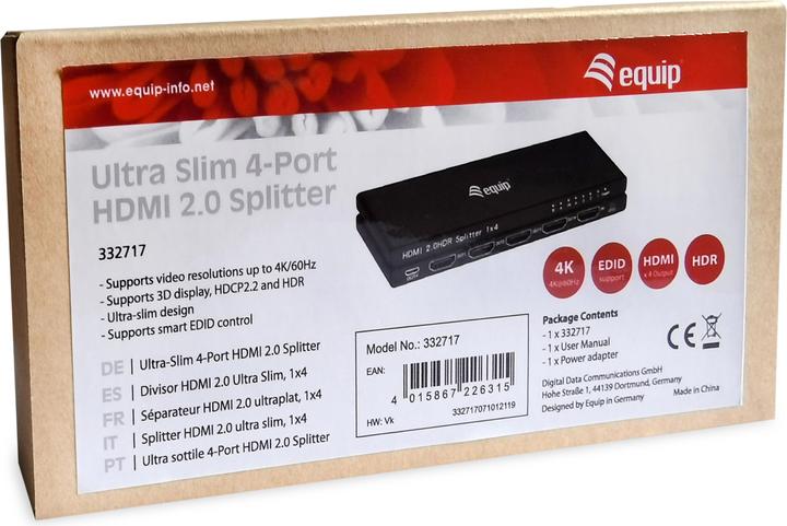 Image du produit equip HDMI Splitter 2.0 4 ports Ultra Slim 4K/60Hz noir