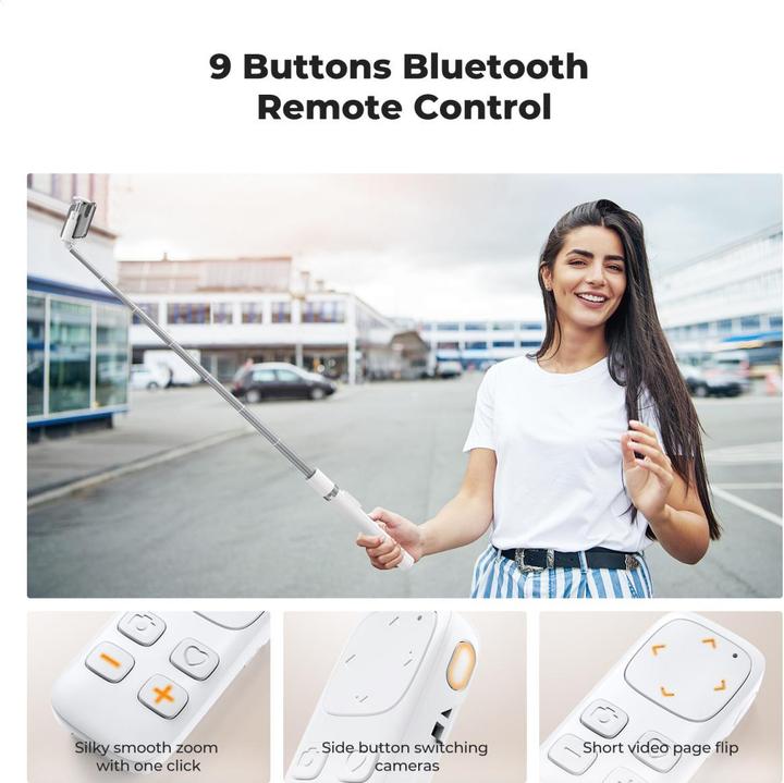 Actual product image K&F Concept X96 1.75M Phone Selfie Stick with 9 Buttons Bluetooth Remote Control, Phone Holder (White)