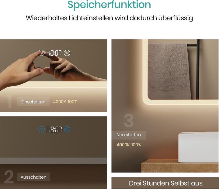 Actual product image Emke Bathroom Mirror With Lighting 80*60cm,3X Magnification, Fog-Free,Temperature&Time, 3CCT(3000K-6500K)