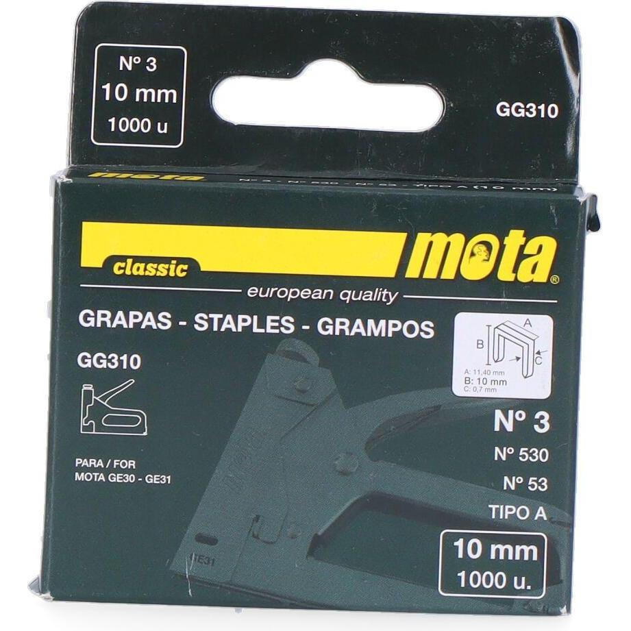 Mota Herramientas, Graffettatrice + Pistola sparachiodi, Graffe nº 3 da 10mm 1000 unità. spessore 0,7mm gg310 mota