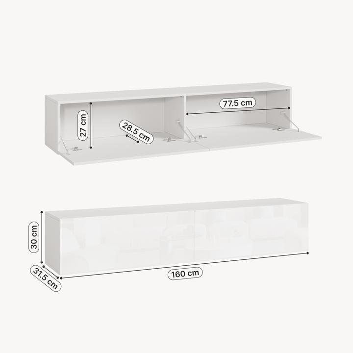 Produktbild En.Casa Hängeboard Evaton 160x32x30 cm Weiss, hochglanz (160 x 31.50 x 30 cm)