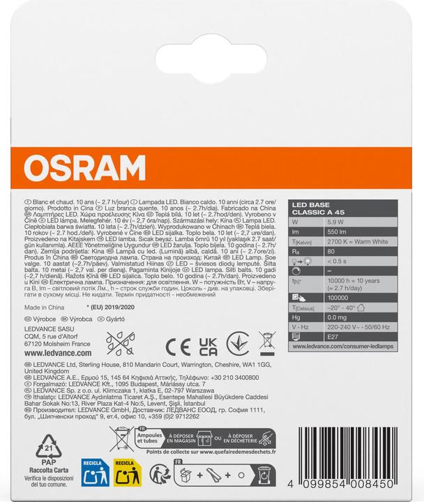 Produktbild Osram Led Base Classic A (E27, 550 lm, 2 x)