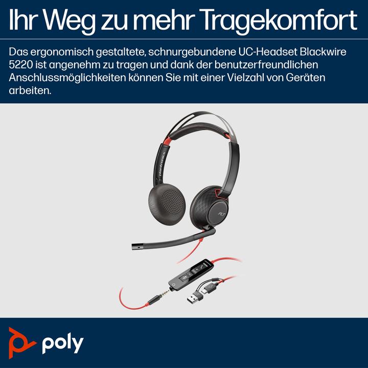 Produktbild Poly Blackwire 5220 + 3,5-mm-Stecker + USB-C/A-Adapter (Kabelgebunden, USB-A, Avaya, Cisco, Microsoft Teams, Skype, Zoom)