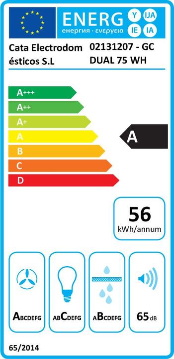 Label énergétique Cata Hotte GC DUAL A 75 XGWH Auvent, Classe d'efficacité énergétique A, Plotis 79.2 cm, 820 m³/h, Touch (Hotte à tiroir)