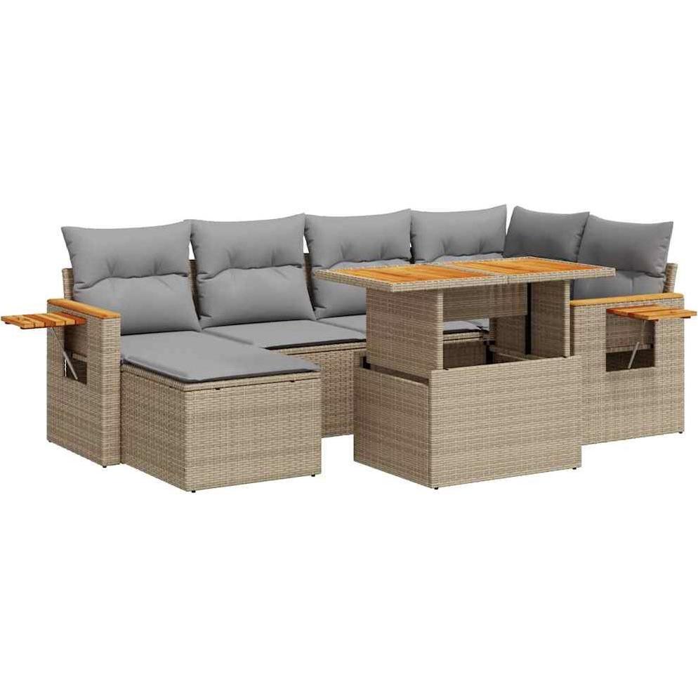 VidaXL, Gartenlounge, 7-tlg. Garten-Sofagarnitur mit Kissen Beige Poly Rattan Akazie
