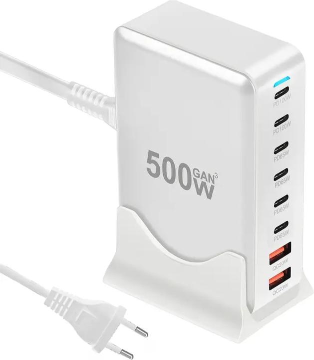 Image du produit PhoneLook Station de charge rapide 500W 8 ports USB PD Quick Charge 3.0 USB-C avec câble inclus prise CH/EU in (500 W)