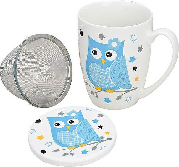 Actual product image Beanarella Tea mug owl with lid and metal strainer | porcelain