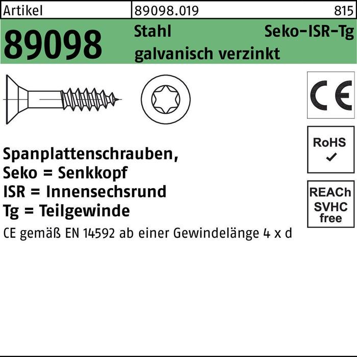 Produktbild Spanplattenschraube R 89098 SEKO Innensechsrund TG 3,5 x 40/24 -T15 Stahl galvanisch verzinkt (1000 Schrauben pro Stück)